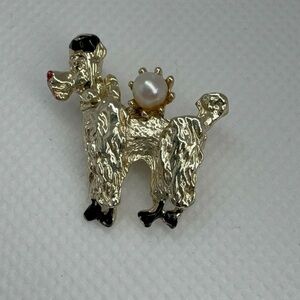 Vintage 1950s Style Gold-Tone Pearl Poodle Brooch Pin